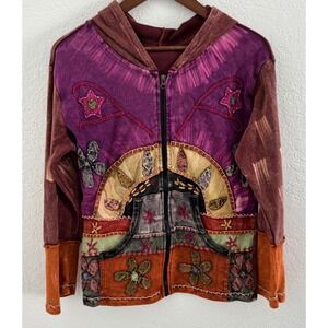 Tie Dye Boho Patchwork Embroidered Hoodie Women's Large Festival Hippie Fairy